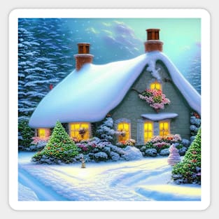 Magical Fantasy Cottage with Lights In A Snowy Scene, Scenery Nature Magnet